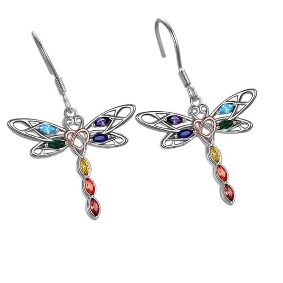 Jewelry - Colorful Dragonfly silver tone 7chakra gemstone Dragonfly Earrings